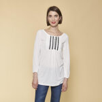 Tee - shirt fronc dentelle manches longues femme - cru blanc