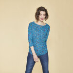 Tee - shirt imprim floral manches 3 / 4  revers femme - bleu ptrole en coton