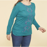 Tee - shirt imprim gaufr manches longues femme - bleu ptrole en coton