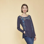 Tee - shirt long fendu col rond manches longues imprimé devant femme - bleu indigo en coton Tee - shirt long fendu col rond manches longues imprimé devant femme - bleu indigo en coton