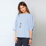 Tee - shirt manches 3 / 4 bouffantes rubans nous femme - bleu ciel en coton