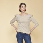 Tee - shirt manches 3 / 4 volants et broderie femme - beige Tee - shirt manches 3 / 4 volants et broderie femme - beige