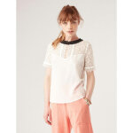 Tee shirt manches courtes col dentelle noir en viscose