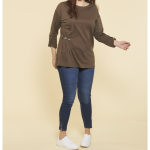 Tee - shirt manches longues ajustables clip mtallique latral femme - kaki fonc en coton
