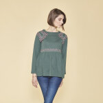 Tee - shirt manches longues bas volant� et imprim� devant femme - vert bouteille en coton