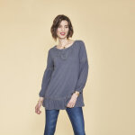 Tee - shirt manches longues lastiques guipure et volants femme - bleu nuit en coton