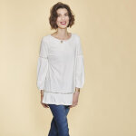 Tee - shirt manches longues lastiques guipure et volants femme - cru blanc en coton