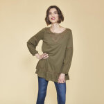Tee - shirt manches longues lastiques guipure et volants femme - kaki en coton