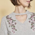 Tee - shirt ouverture en v manches longues �lastiqu�es imprim� devant femme - gris chin�