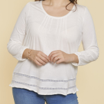 Tee - shirt plis manches longues dentelle femme - cru blanc en coton