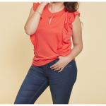 Tee - shirt uni manches courtes double volant femme - corail rouge Tee - shirt uni manches courtes double volant femme - corail rouge
