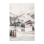 Torchon imprim en lin, paysage montagnard blanc et noir 50 x 75 cm