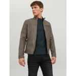 Veste de motard en simili - cuir col motard manches longues gris fonc marron