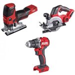 Pack 3 outils 18v perceuse + scie circulaire + scie sauteuse flex Pack 3 outils 18v perceuse + scie circulaire + scie sauteuse flex