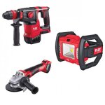 Pack 3 outils 18v - projecteur led, marteau perforateur et meuleuse d'angle flex