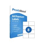 Printabout premium a4 feuille d'autocollants 8 par feuille (105mm x 74mm)