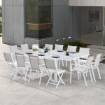 Ensemble table 8 fauteuils et 4 chaises gris / blanc