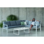 Salon de jardin sofa corner hublot - 28 set finition blanc tissus gris clair mariland dralon