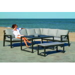 Salon de jardin sofa corner hublot - 30 set finition anthracite tissus gris clair mariland dralon
