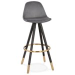 Tabouret de bar design 'chicago' en velours gris et 4 pieds en bois noir