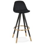 Tabouret de bar design 'chicago' en velours noir et 4 pieds en bois noir