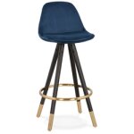 Tabouret snack mi - hauteur design 'chicago mini' en velours bleu et 4 pieds en bois noir