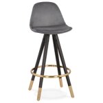 Tabouret snack mi - hauteur design 'chicago mini' en velours gris et 4 pieds en bois noir