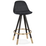 Tabouret snack mi - hauteur design 'chicago mini' en velours noir et 4 pieds en bois noir