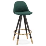 Tabouret snack mi - hauteur design 'chicago mini' en velours vert et 4 pieds en bois noir