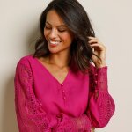 Blouse macram col v manches longues, crpe fluide - blancheporte
