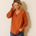 Blouse macram col v manches longues, crpe fluide - blancheporte
