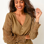 Blouse macram col v manches longues, crpe fluide - blancheporte