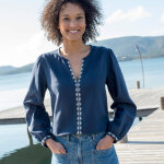 Blouse unie brode en coton, col fendu - blancheporte
