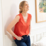 Caraco fluide col v dentelle, cr�pe * * polyester recycl� - blancheporte