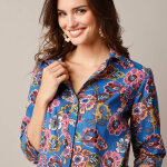 Chemisier boutonn imprim fleurs, voile de coton - 44 - bleu - lora zellini