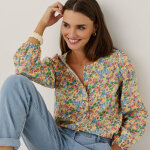 Chemisier col rond imprim� fleuri, manches longues blousantes - blancheporte