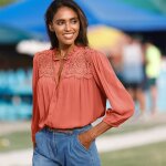 Chemisier col volant�, cr�pon et macram� - blancheporte