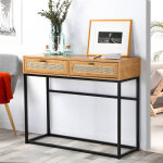 Console wickood 2 tiroirs - bois, mtal et cannage - blancheporte