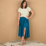 Jupe longue unie boutonne, ceinture smocke - 46 / 48 - bleu - lora zellini