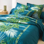 Linge de lit cayenne en coton imprim feuilles de palmiers - drap - housse 2 personnesonnes : 140x190cm ...