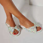 Mules plates � noeud bout ouvert imprim�es fleurs - blancheporte