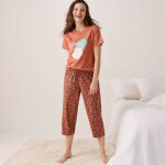 Pantacourt pyjama coton imprim�  feuillage  avec lien � nouer - blancheporte