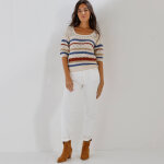 Pull col carr� ray�, maille ajour�e - blancheporte