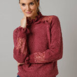 Pull col montant volant, maille poilue et tulle brod - 34 / 36 - violet - lora zellini