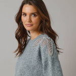Pull col rond en laine mlang, empicement perles fantaisies - 34 / 36 - gris - lora zellini