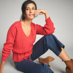 Pull col v maille fantaisie - 34 / 36 - rouge - lora zellini Pull col v maille fantaisie - 34 / 36 - rouge - lora zellini