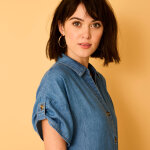 Robe - chemisier longue en jean, manches courtes - blancheporte Robe - chemisier longue en jean, manches courtes - blancheporte