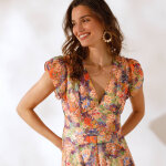 Robe col v mancherons volants, voile imprim - coeur au sud