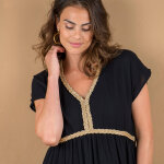 Robe courte col v, détails tressés dorés, crépon - 38 - noir - lora zellini Robe courte col v, détails tressés dorés, crépon - 38 - noir - lora zellini