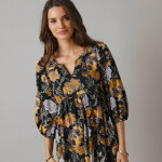 Robe courte imprime, manches 3 / 4 - 50 - noir - lora zellini